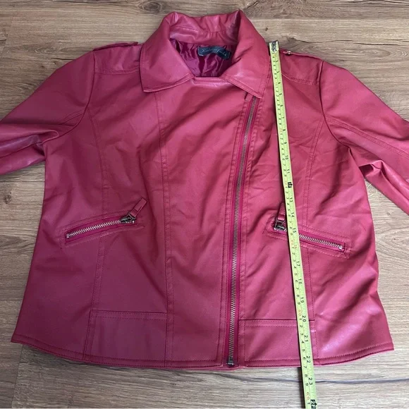 Women's Faux Leather Red Moto Jacket - Picture 4 of 9